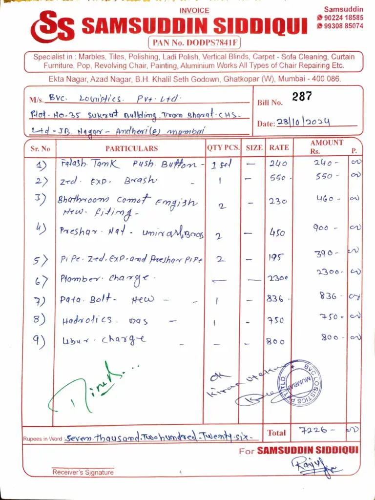 A handwritten Invoice